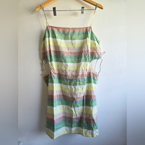 NWT! AERIE, Side Cut Out Mini Dress, Cream/Green Neutral Stripe, Size XL - Picture 1 of 7